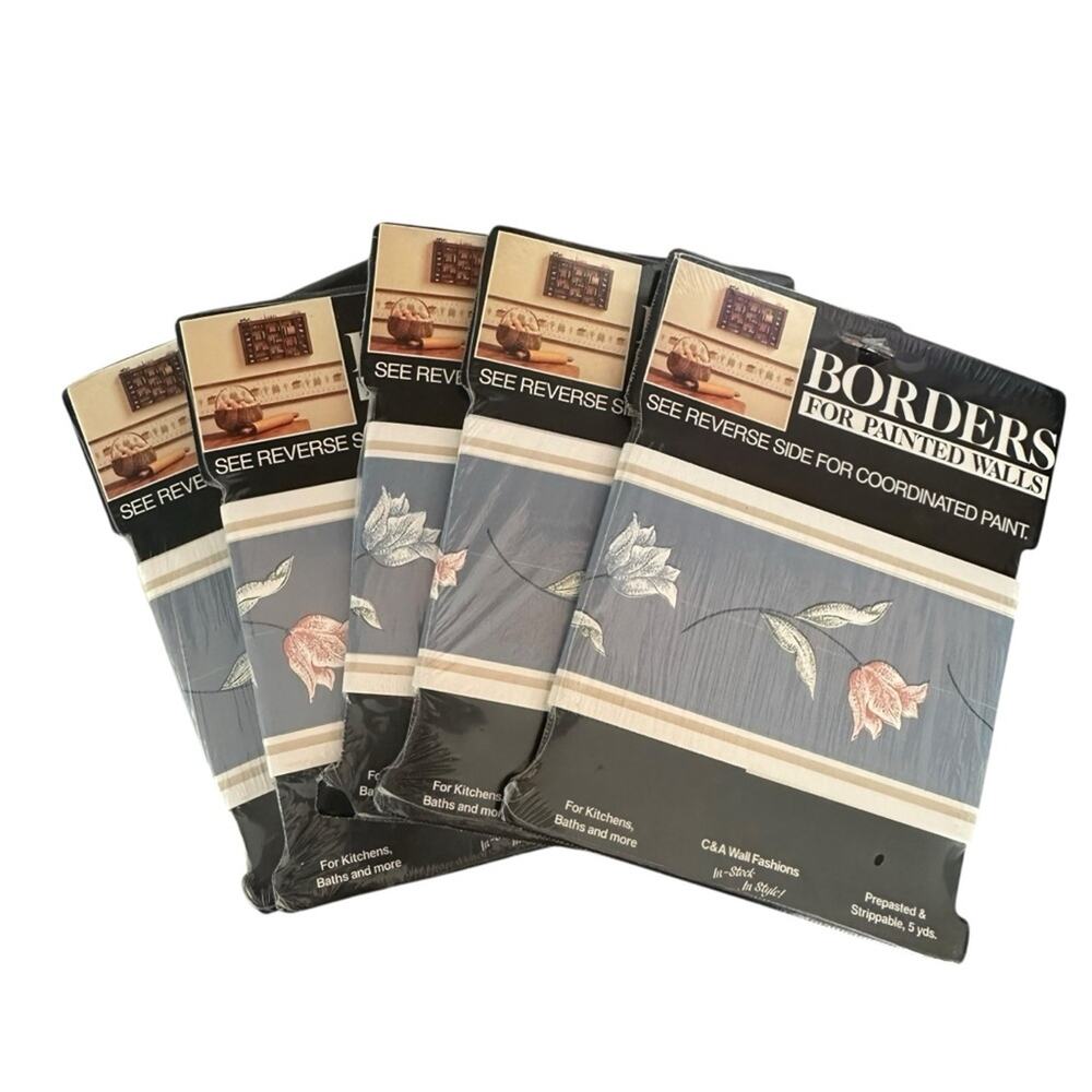 Imperial Vintage Wallpaper Border Cottagecore Tulips Dusty Blue 5yds Ea Lot Of 5